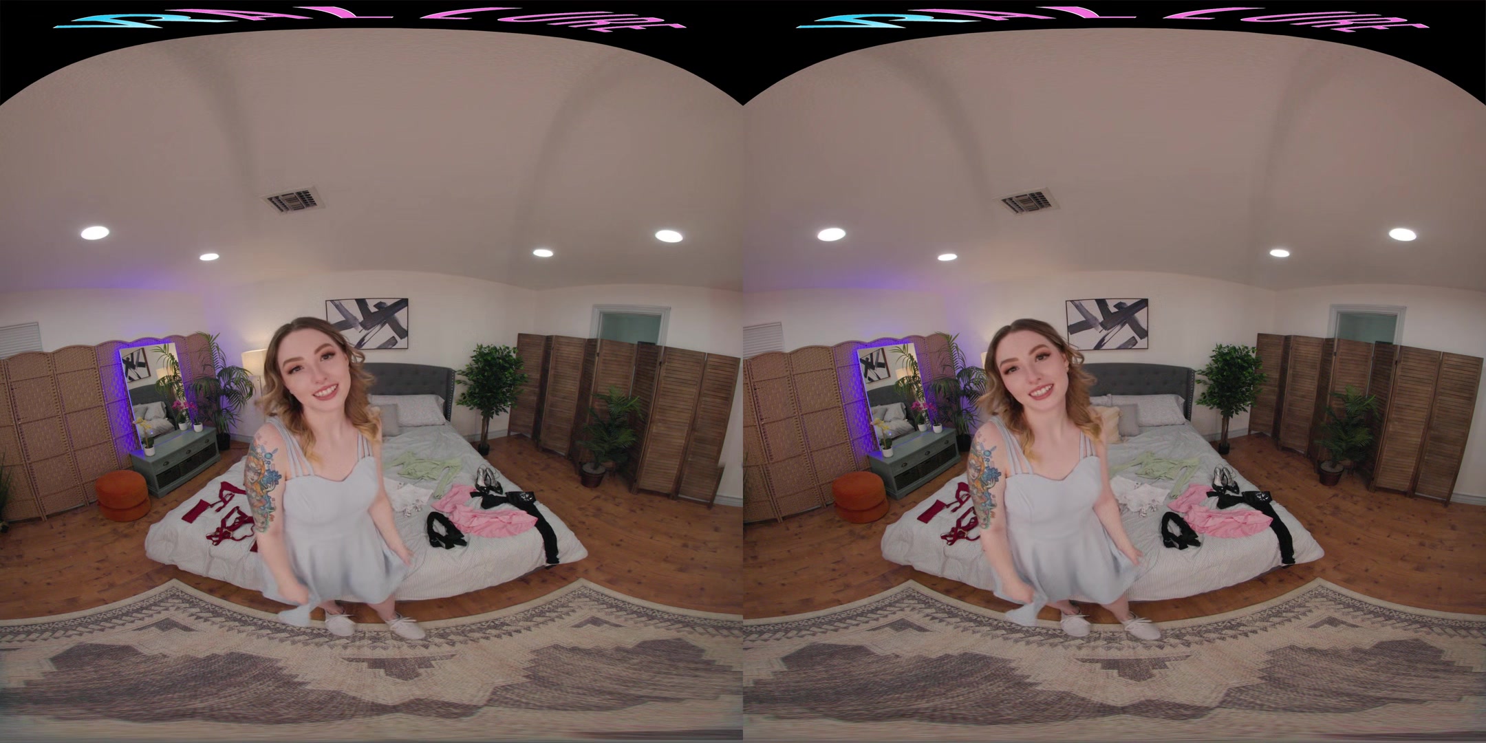 Adorable blonde masturbates in lingerie in virtual reality