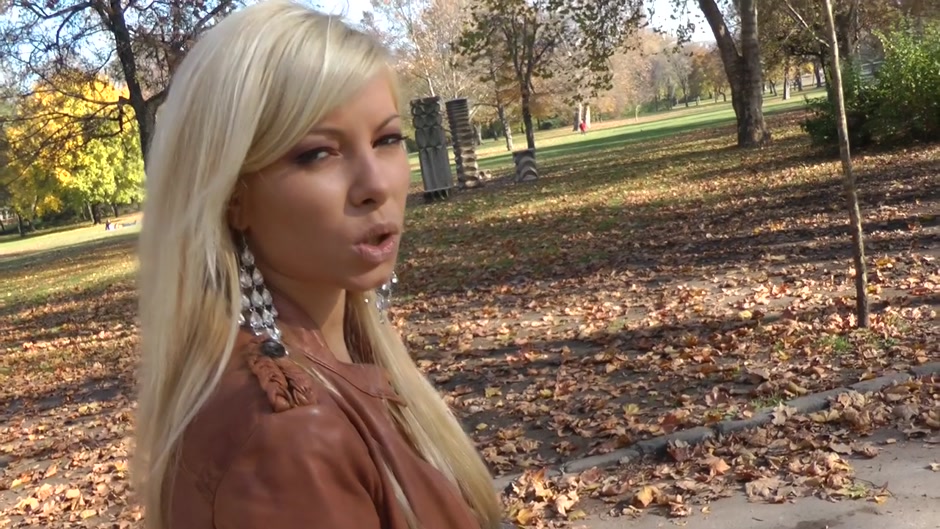 Lusty blonde gets naked in public and then fucks