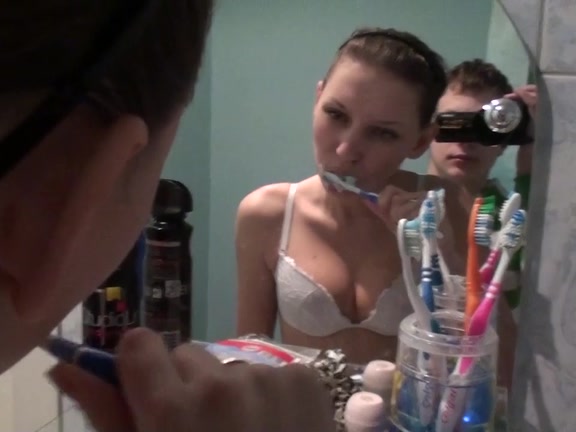 Creampie for youthful sweetheart in foamy washroom