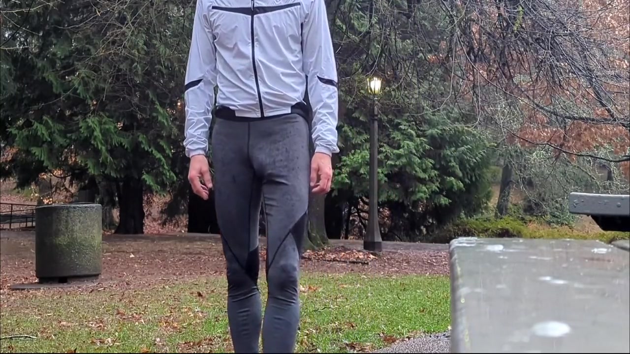 Rainy Run In Spandex. Watch Step dad Freeballing And Showing Off My Bulging Dickprint In The Rain
