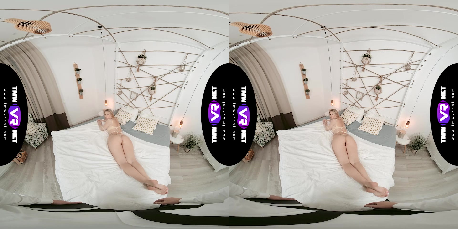 Glam blonde waits for dude in bed