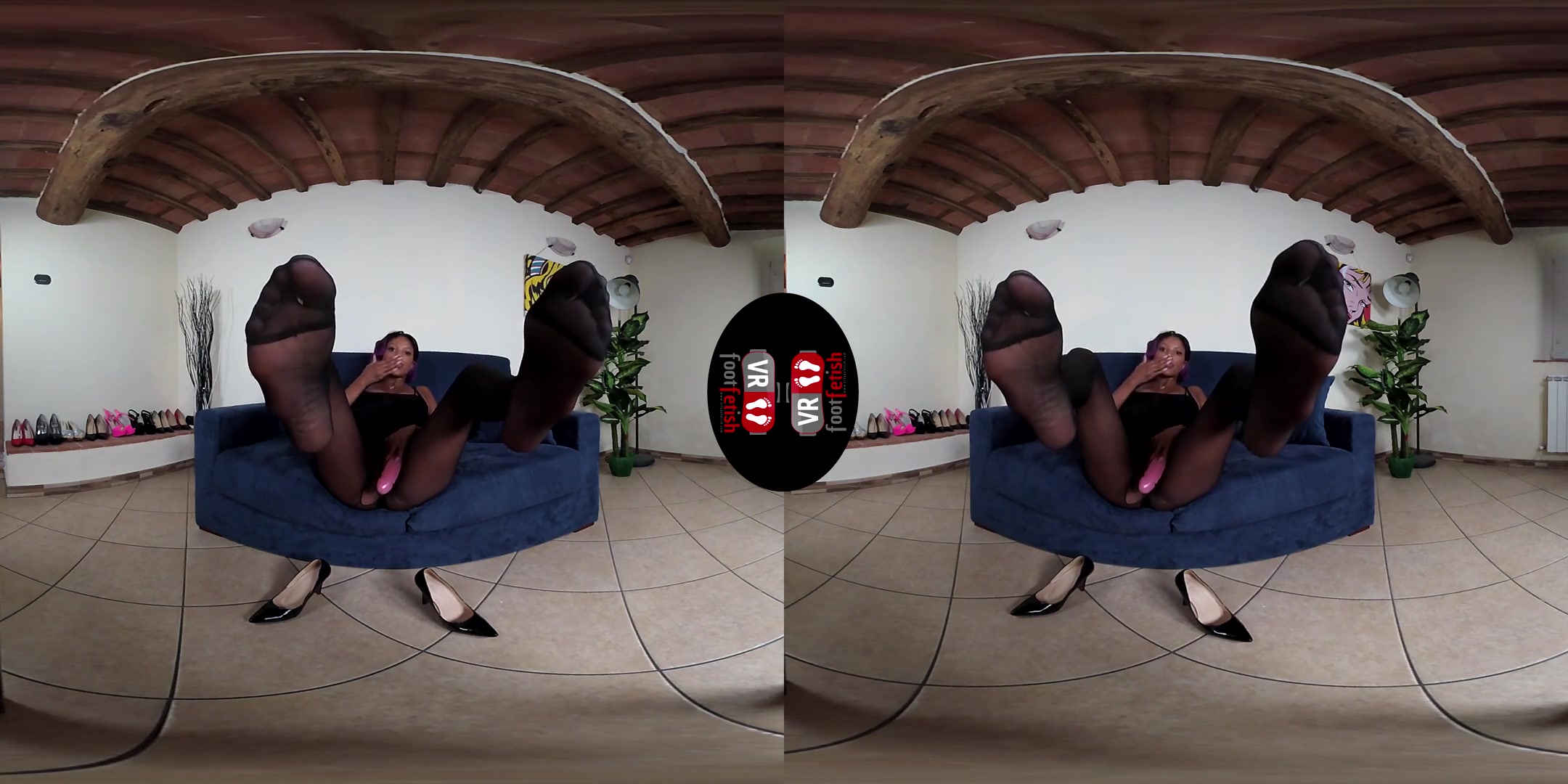 Hottie Janelle Plays With Pink Double Dildo In Black Nylons; Big Tit Black Babe with a Double Ended Dildo Leg and Foot Fetish VR
