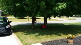 Mowing the lawn in short shorts