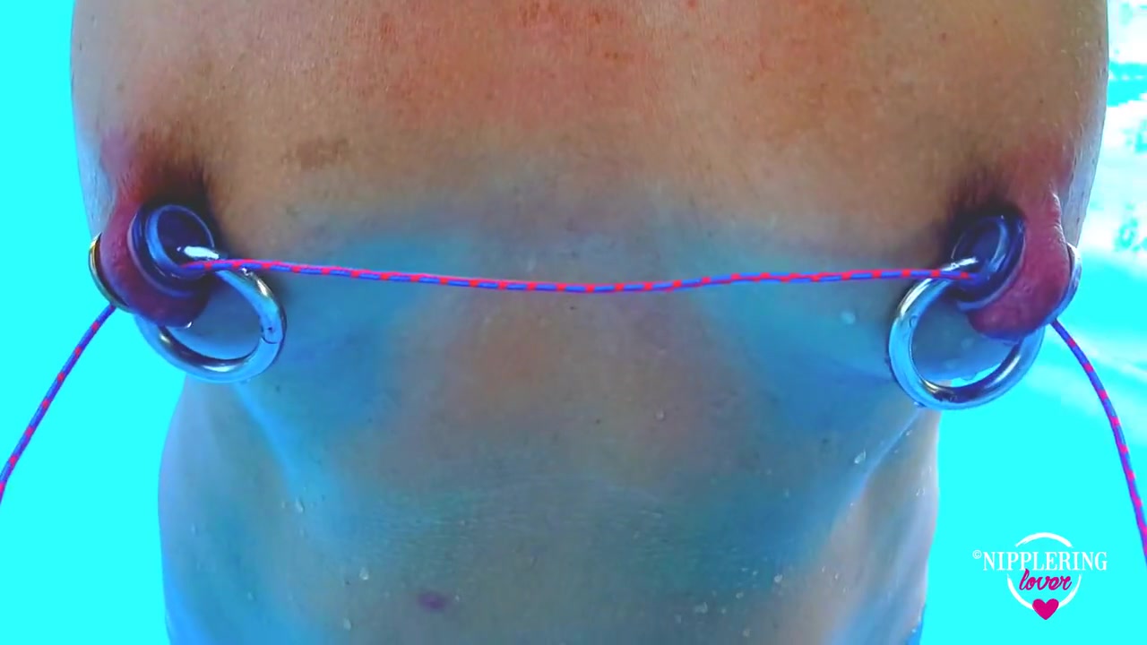 Nippleringlover Nipple Bondage Outdoor In Pool - Rope Through Huge Pierced Nipples - Nipple Torture
