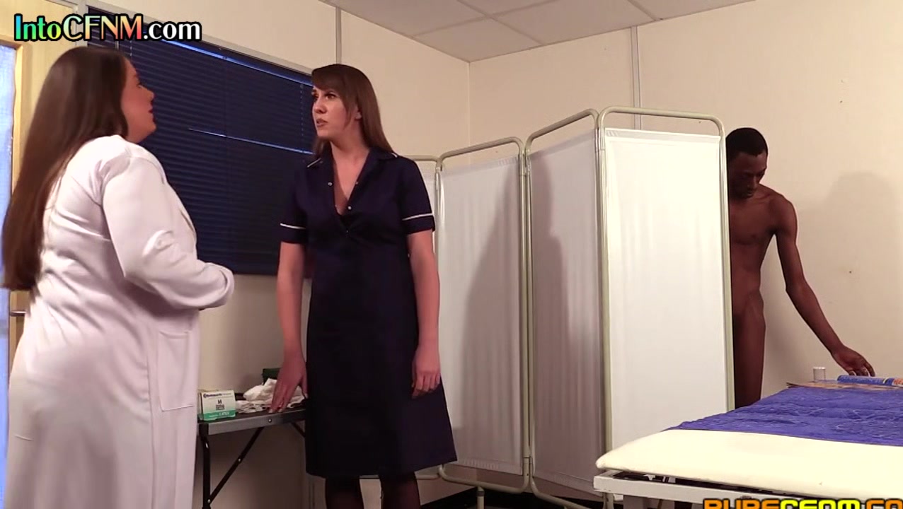 CFNM IR nurses in uniform and heels suck black cock in 3way