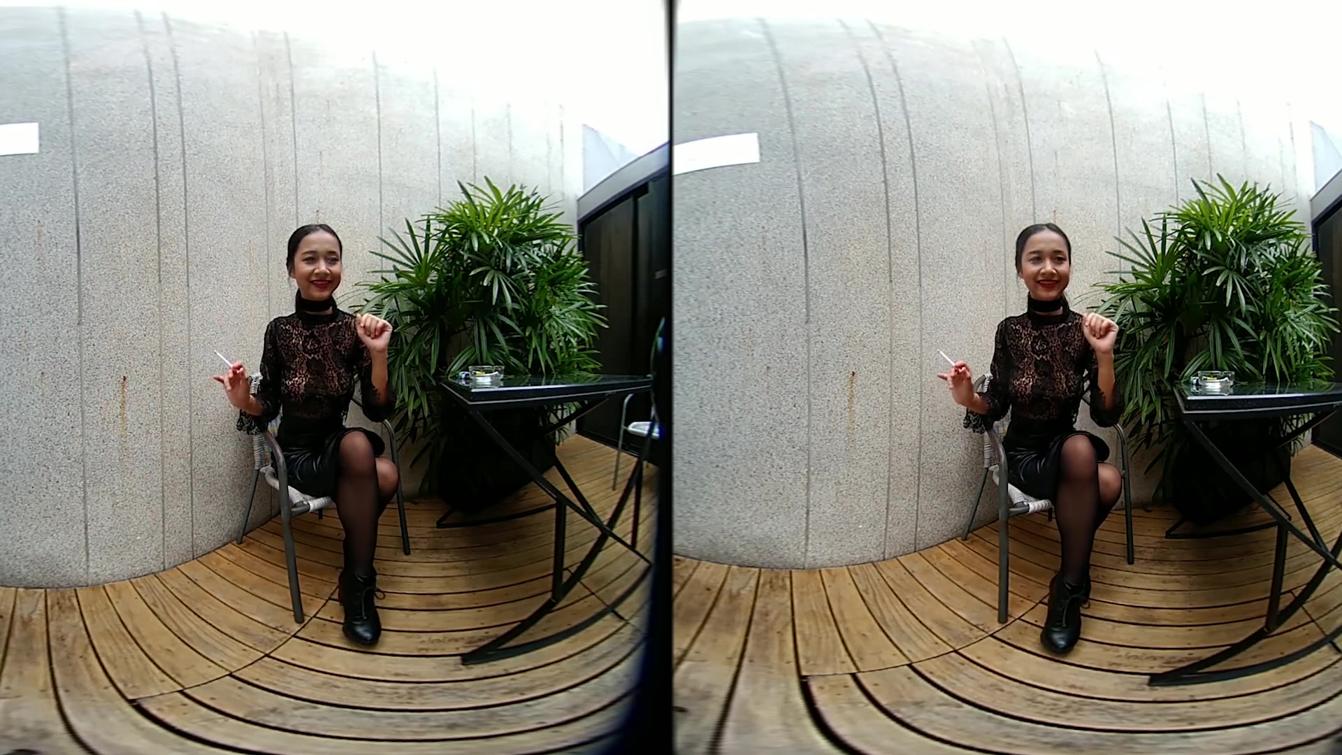 Young Girl Smokes Topless And In Leather Skirt - VRpussyVision