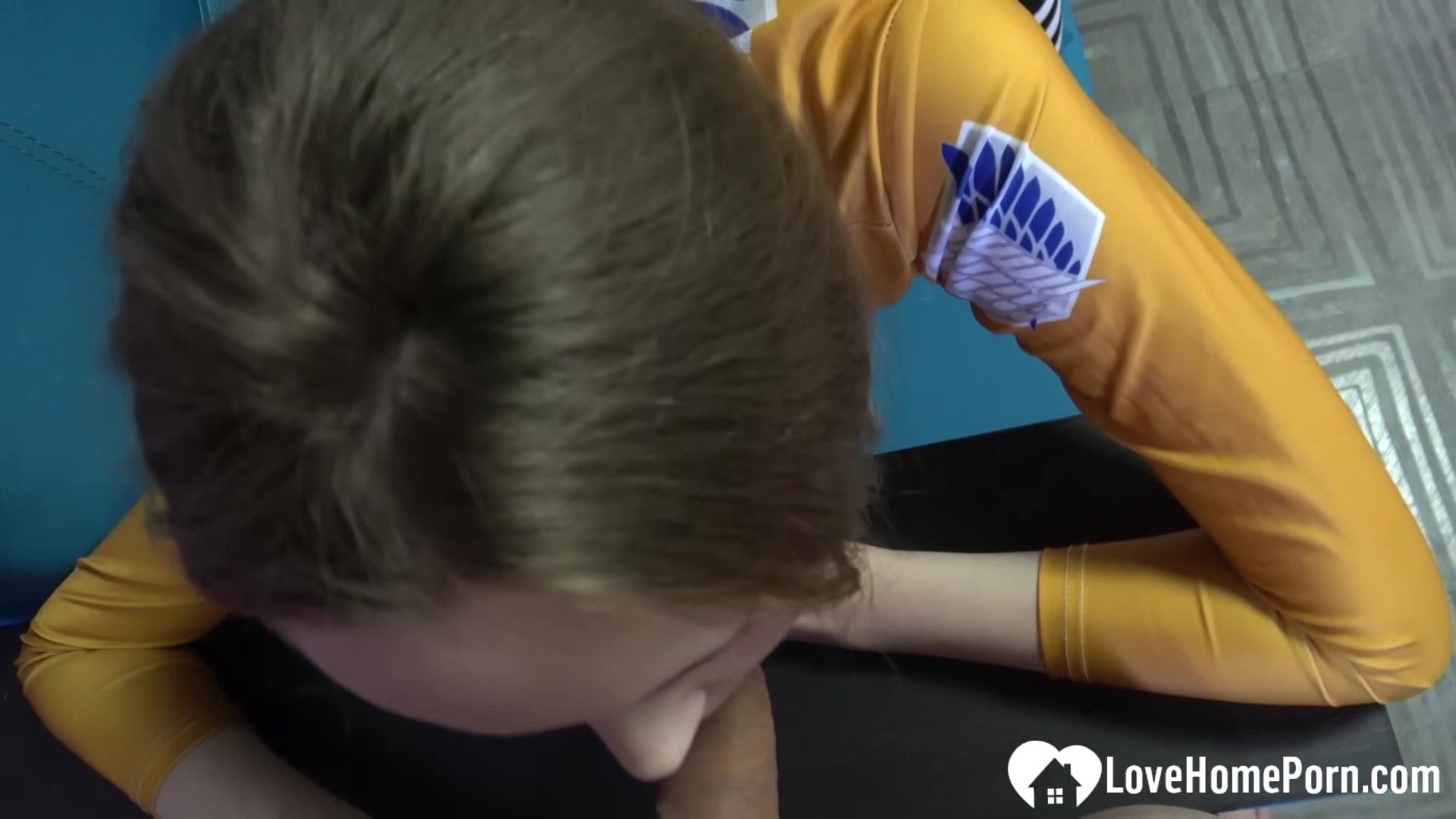 Cosplaying girlfriend bends over for some cumshot