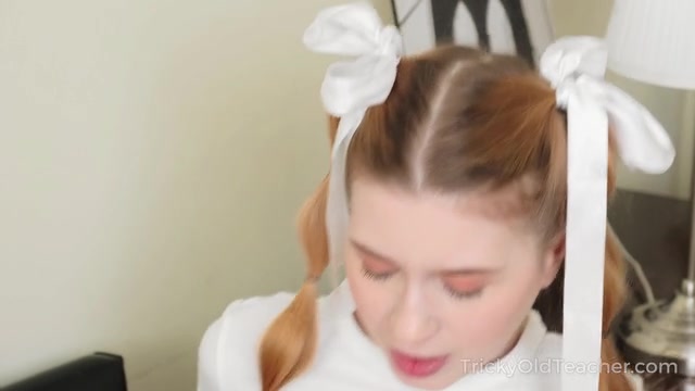 Sweetie kneels to suck her teacher's big dick