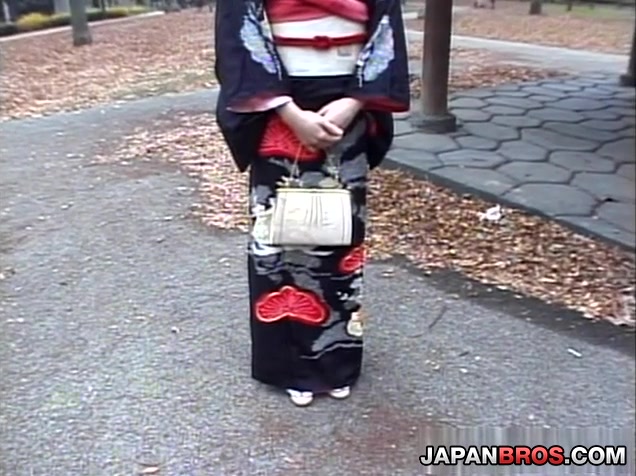 Gorgeous Asian brunette babe in her sexy and stunning kimono gagging a hard cock and fucked