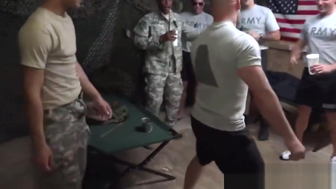 Group of military guys having an anal contest