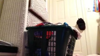 Long piss in the laundry basket