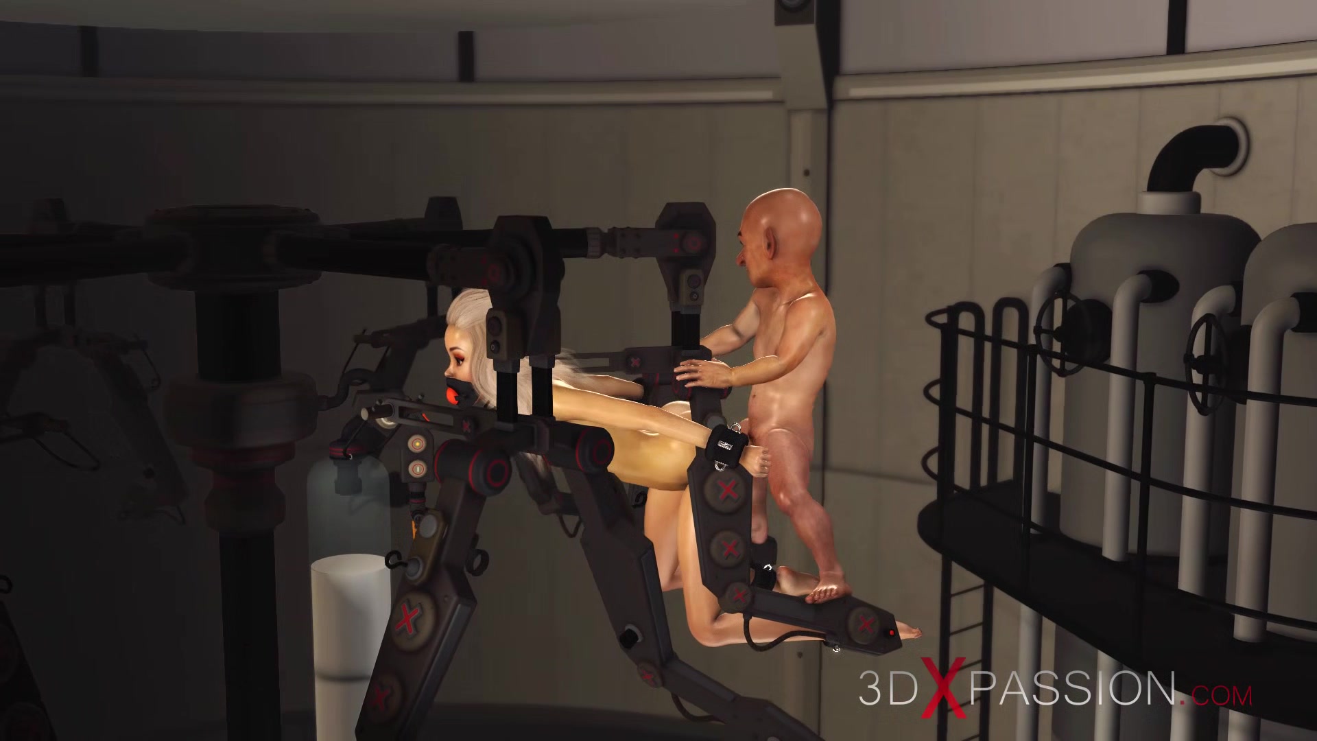 BDSM club. Hot sexy ball gagged blonde in restraints gets fucked hard by crazy midget in the lab