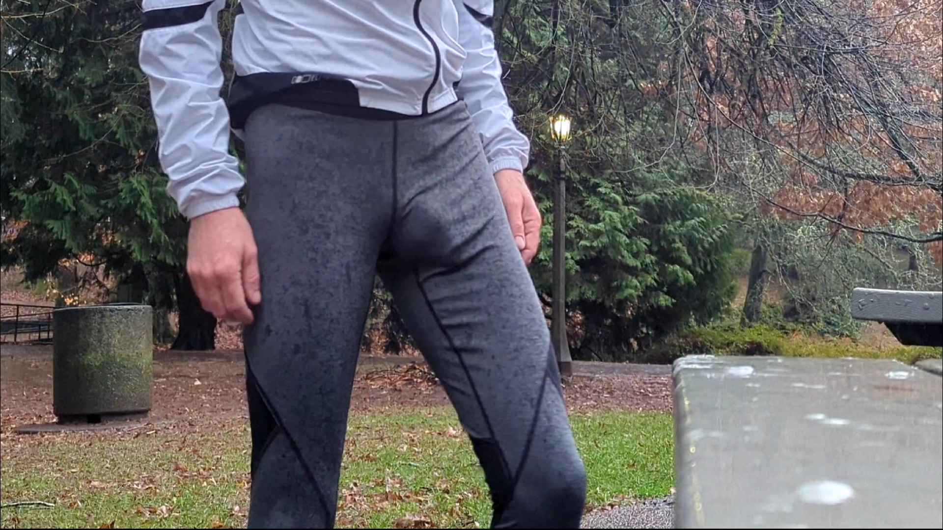 Rainy Run In Spandex. Watch Step dad Freeballing And Showing Off My Bulging Dickprint In The Rain