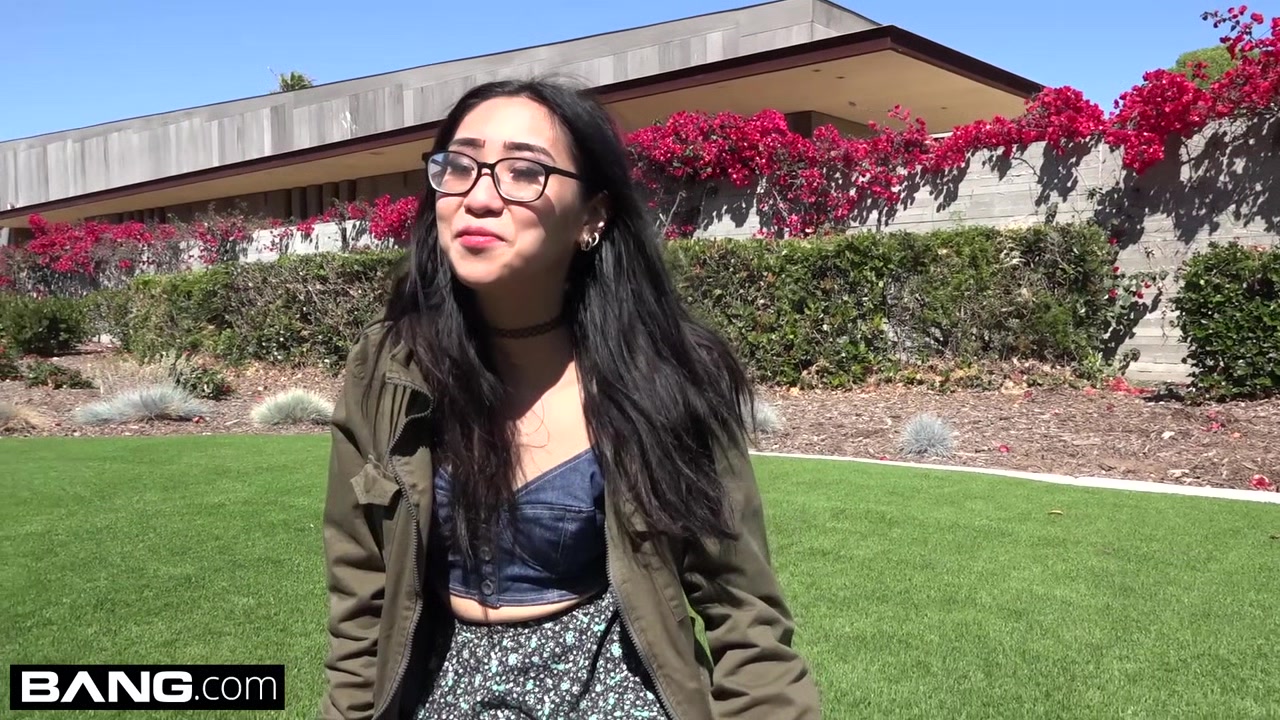 Nerdy teen 18+ asian Eva Yi flashes her tits in public