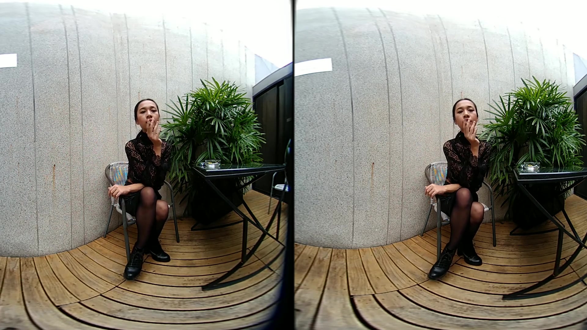 Young Girl Smokes Topless And In Leather Skirt - VRpussyVision