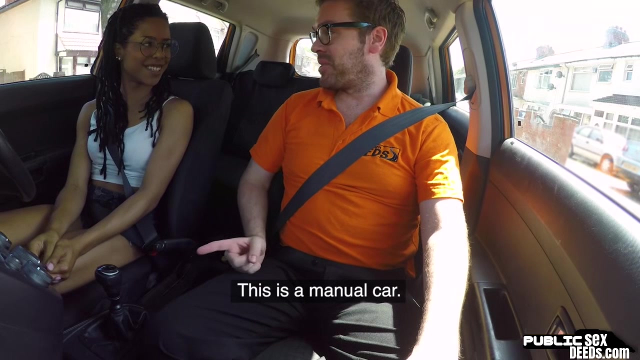 Ebony beauty sucking off driving tutor and getting pounded