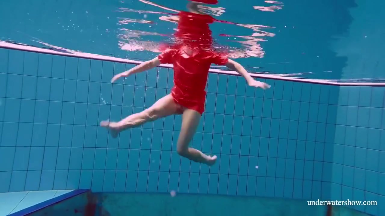 Red Long Dress And Big Tits Floating In The Pool