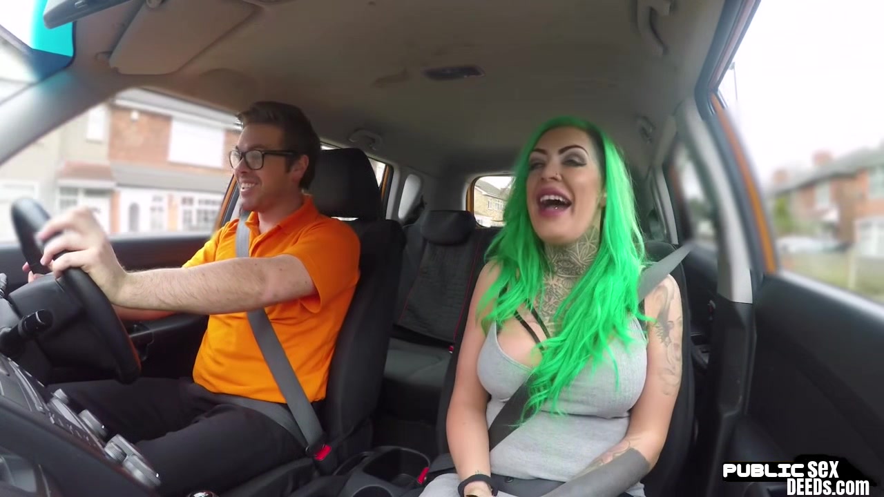 Green haired car driver pussy fucked in POV by instructor