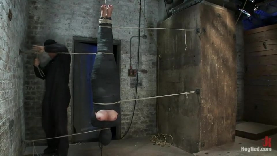 Cute little blond girl is mummified, vibrator stuck on her clit. Hung upside down to cum & cum.