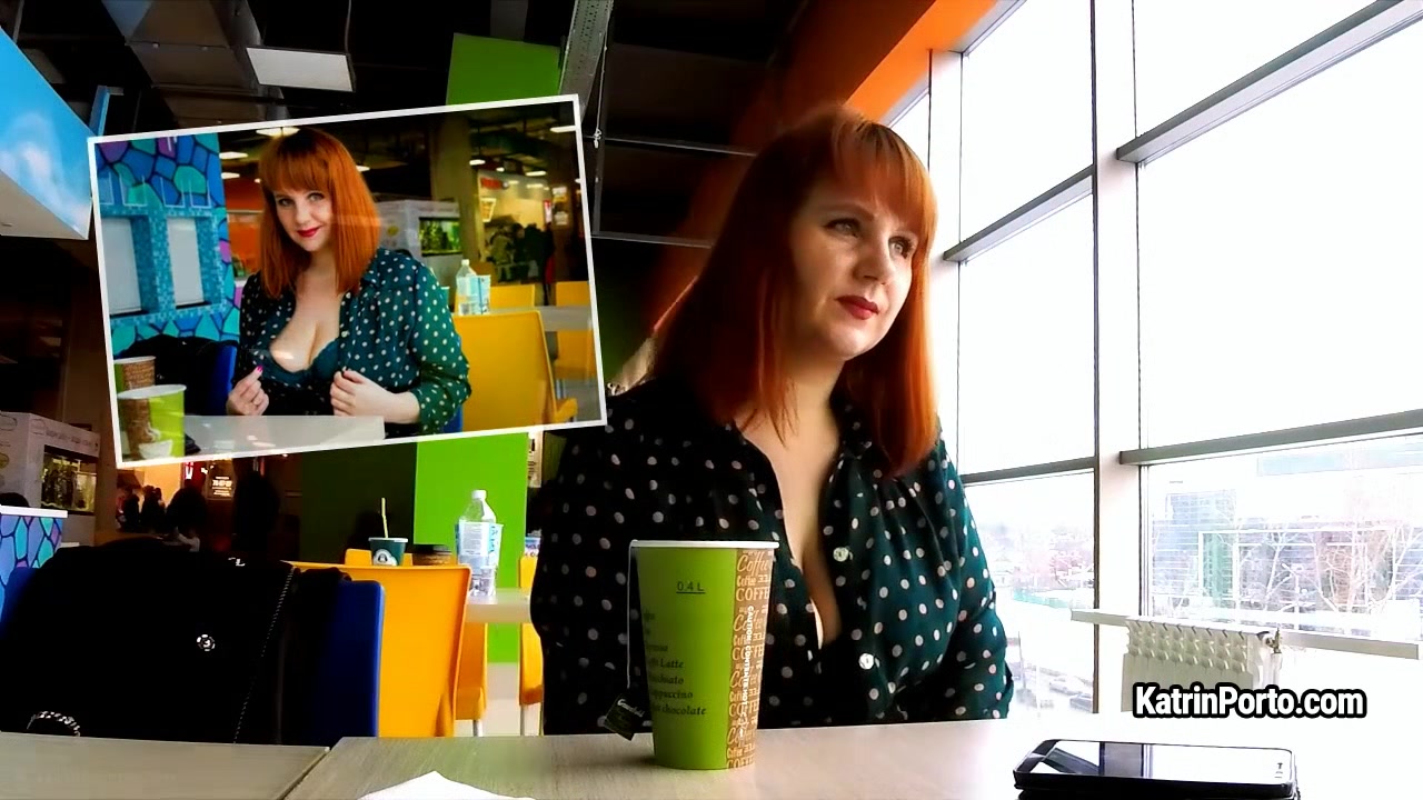 BBW redhead Katrin Porto shows her big tits and hairy cunt in public place