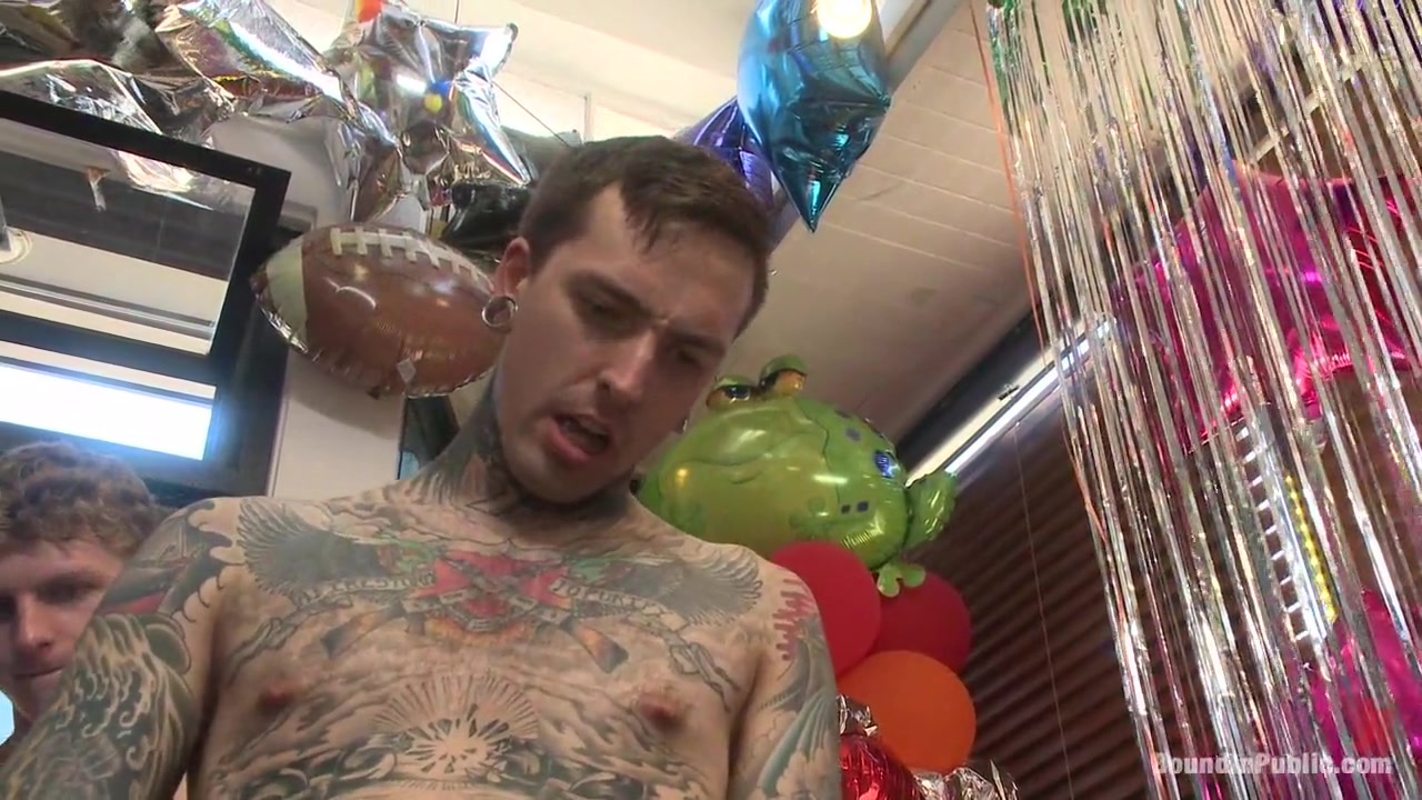 Greedy whore gang banged by horny dudes at a local balloon shop