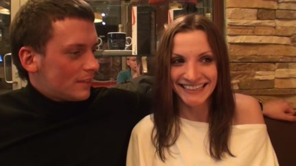 Cutie strips and sucks dongs in the cafe