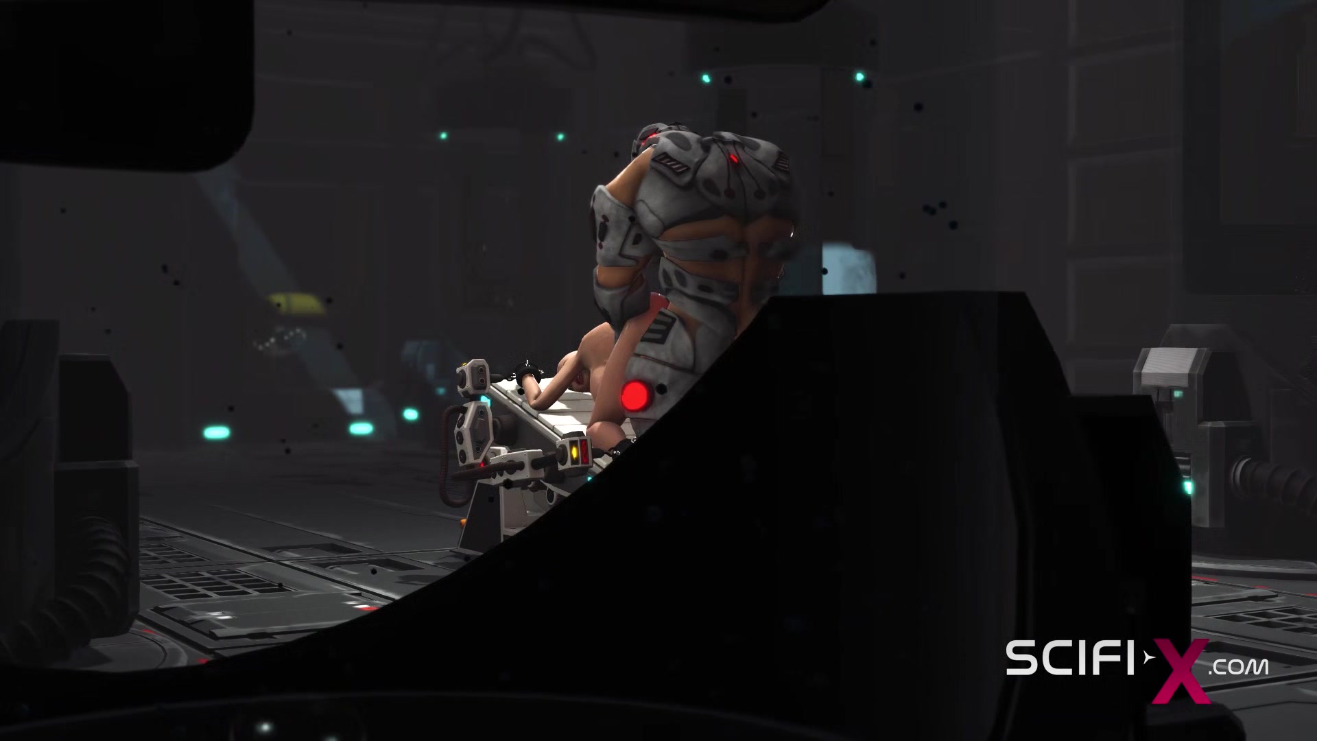 Sci-fi male sex cyborg plays with a sexy young hottie in restraints in the lab