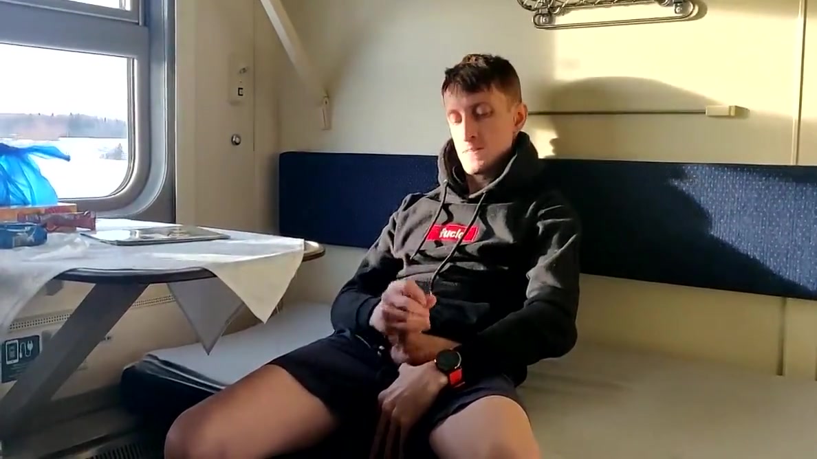 Masturbating In A Train Cabin While Wearing Hoodie And Shorts