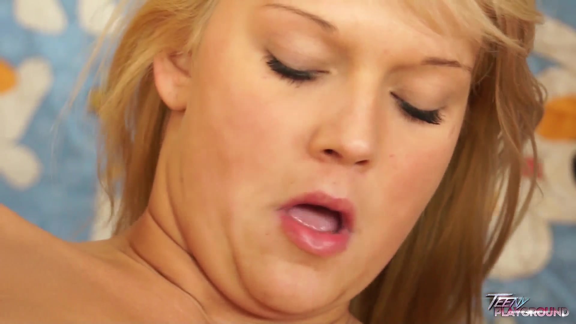 Blonde teenager 18+ gets her tits cum on - TeenyPlayground