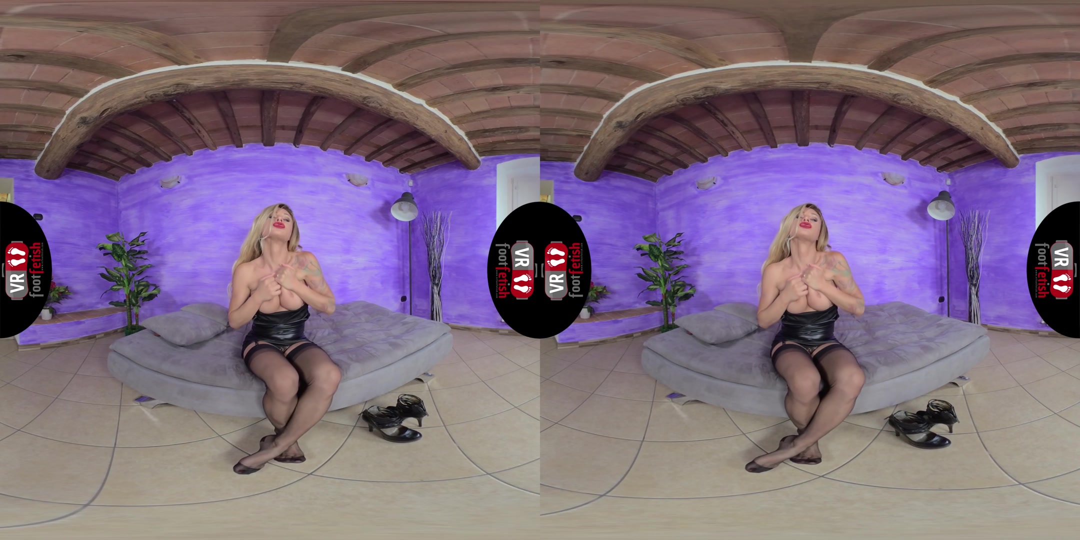 Sexy Mistress Noemi Blonde Teases You With Her Nyloned Feet - VRFootFetish