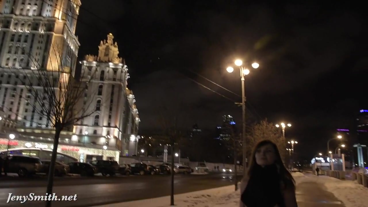Jeny Smith naked in snow fall walking through the city