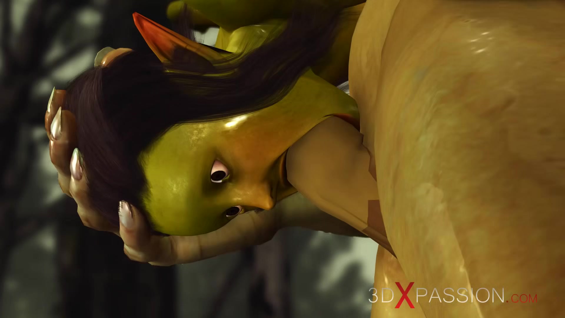 Horny female goblin Arwen and Green monster Ogre in the enchanted forest