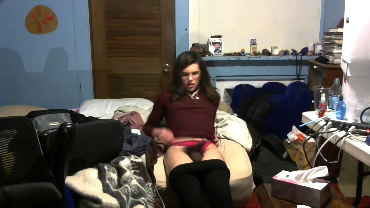 Femboy slut see through leggings pink thong self facial