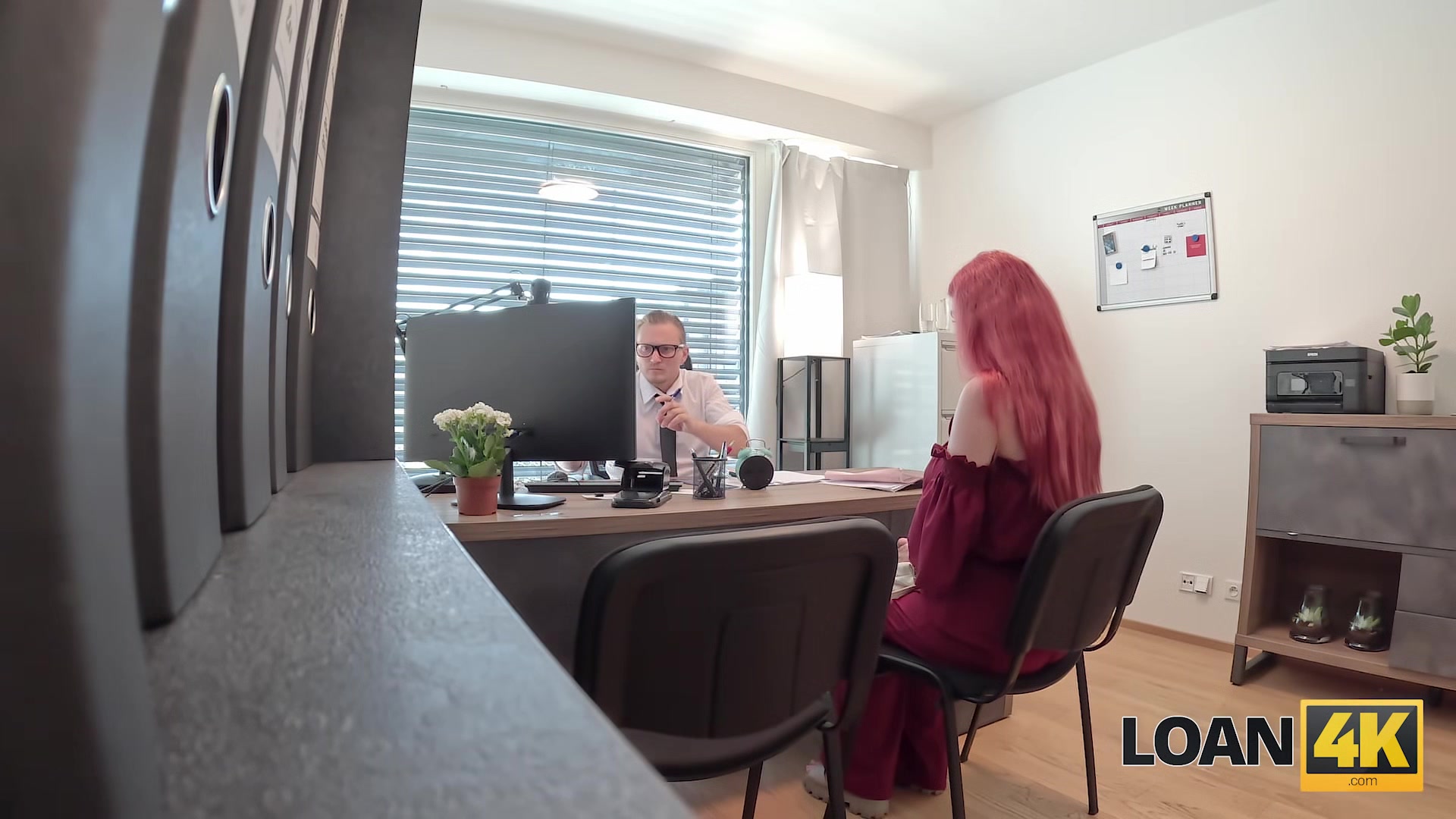 LOAN4K. Little redhead whore with big tits jumped on a dick in the office