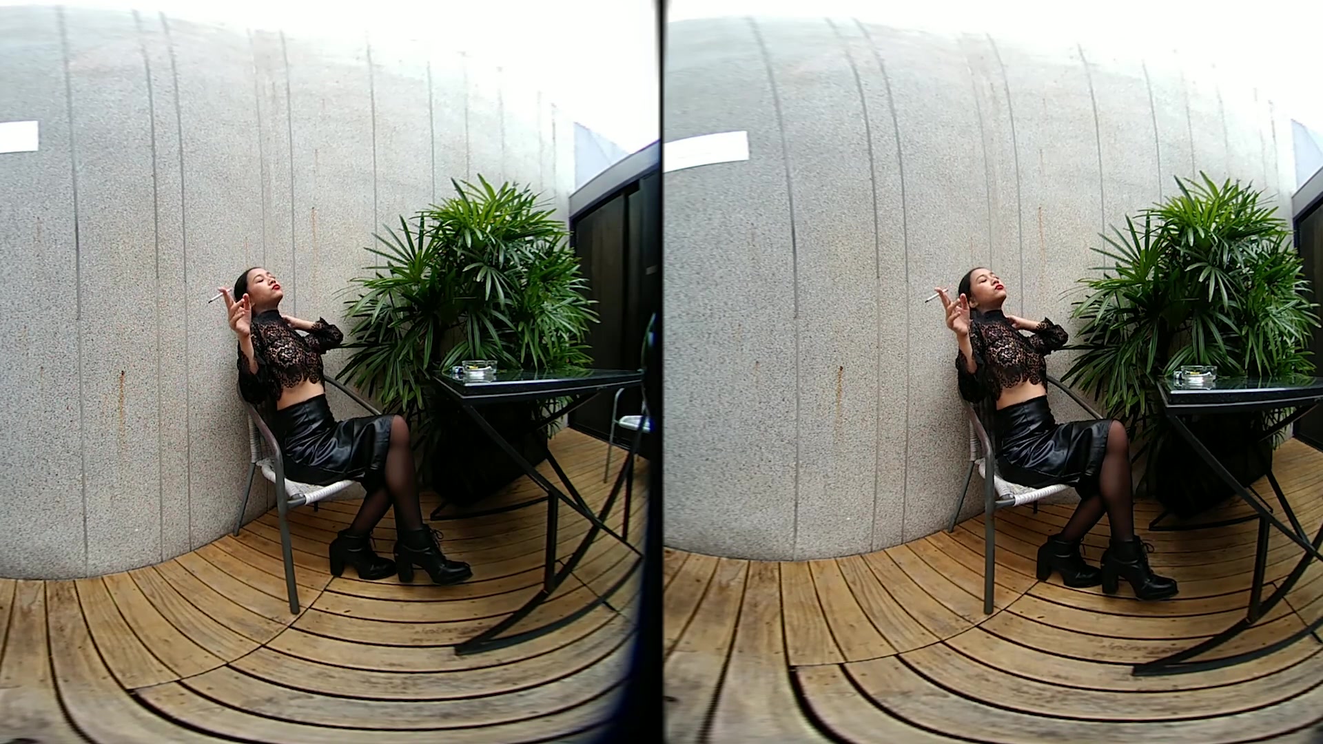 Young Girl Smokes Topless And In Leather Skirt - VRpussyVision