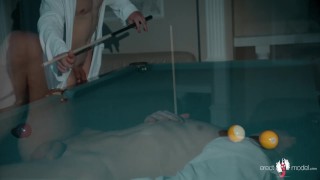 Naked guy swimming ended with big dick handjob on a pool table
