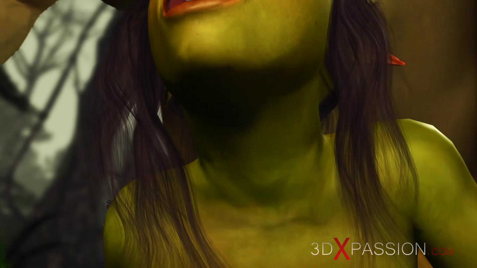 Horny female goblin Arwen and Green monster Ogre in the enchanted forest