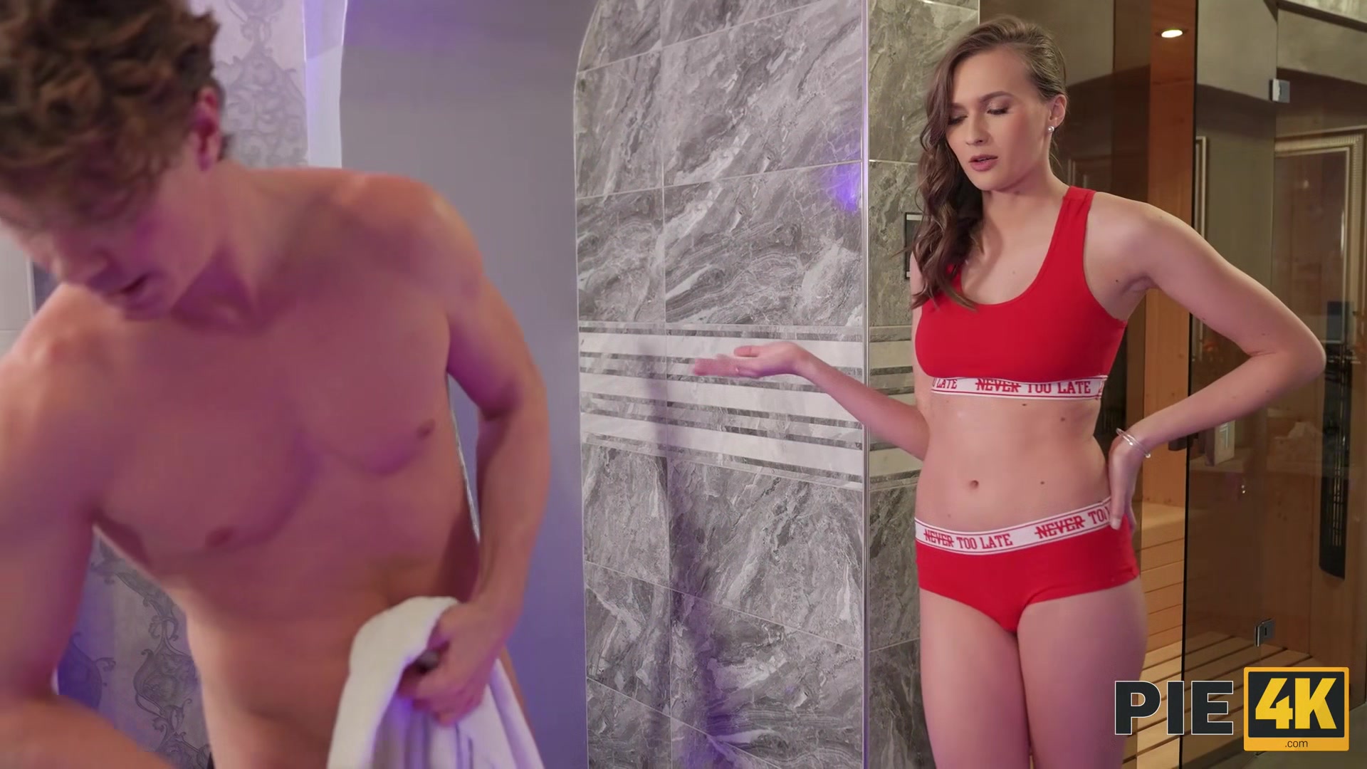 PIE4K. Slender babe enters her own sauna and catches handsome stranger