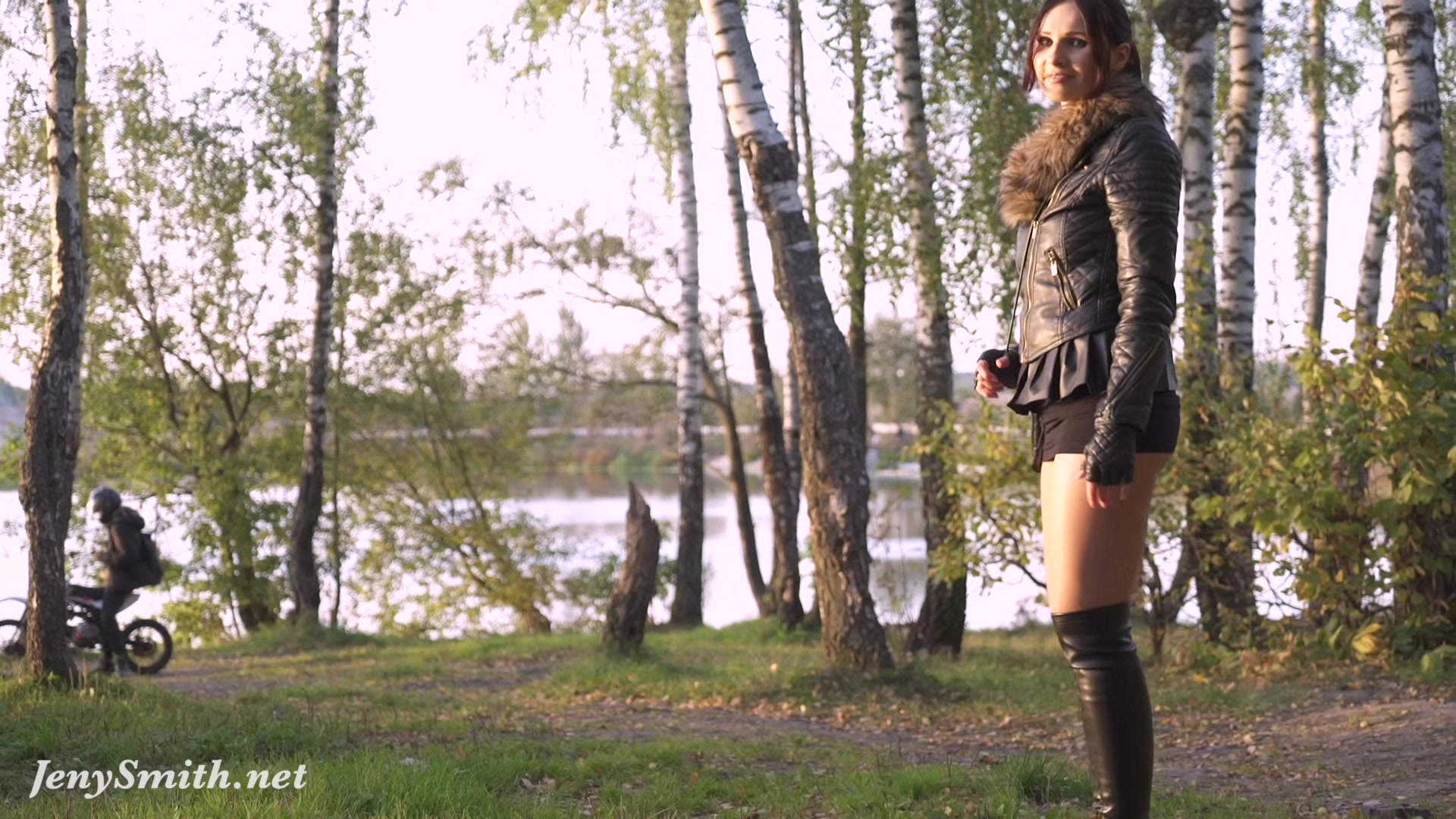 Jeny Smith in nylon pantyhose without panties shocked a biker in the forest. Bottomless in Public.