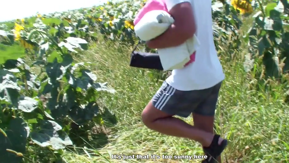 Lewd amateur couple strong orgasm in sunflowers field