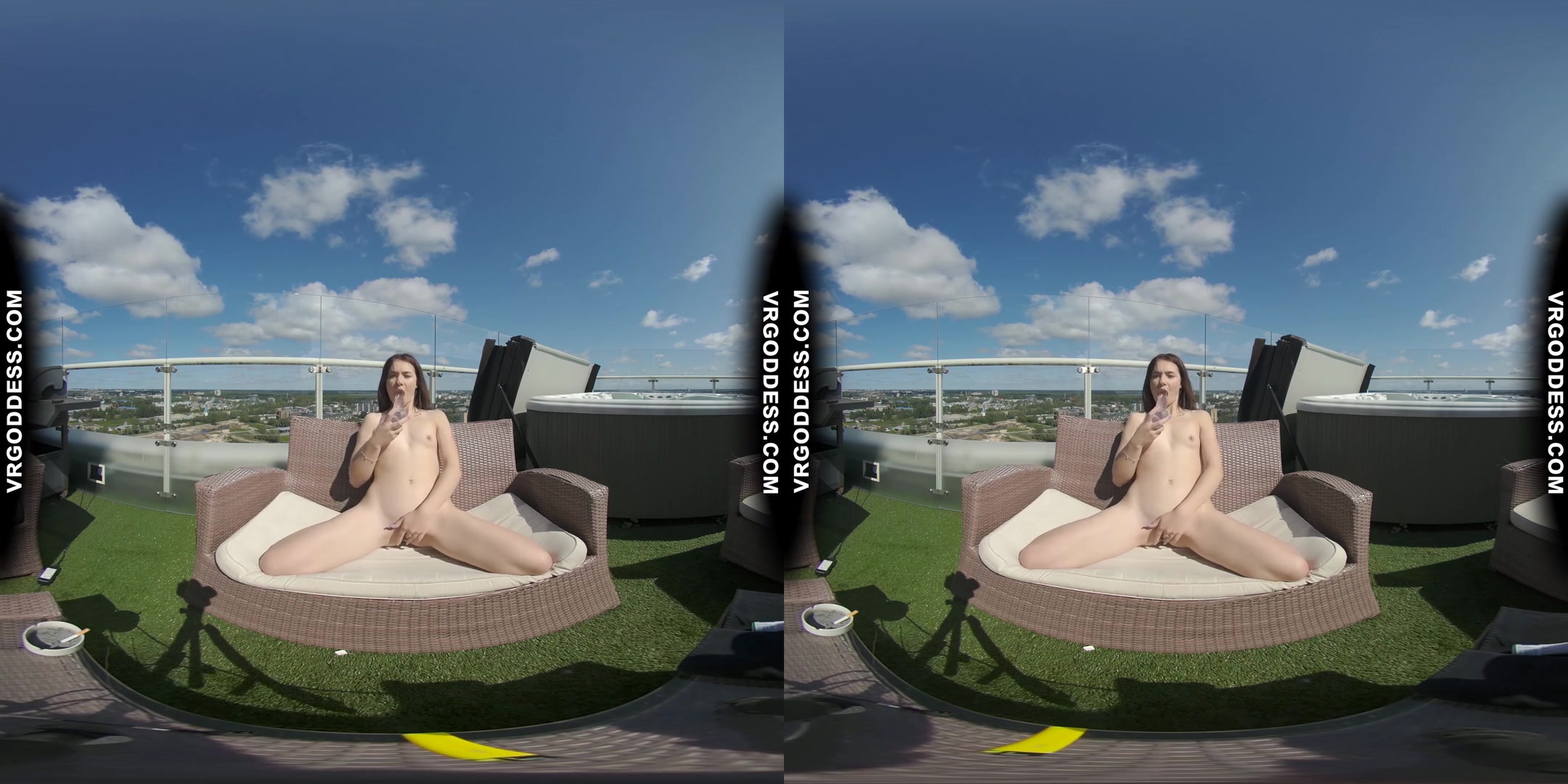 Tiny Matty Smoking Outdoors Then Masturbating With A Huge Clear Dildo