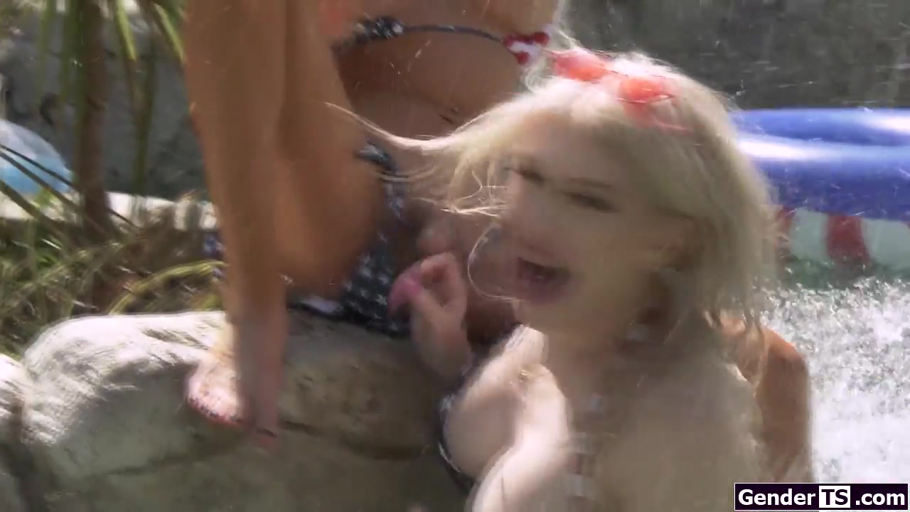 Four busty tgirls in a blowjob and anal bareback pool party