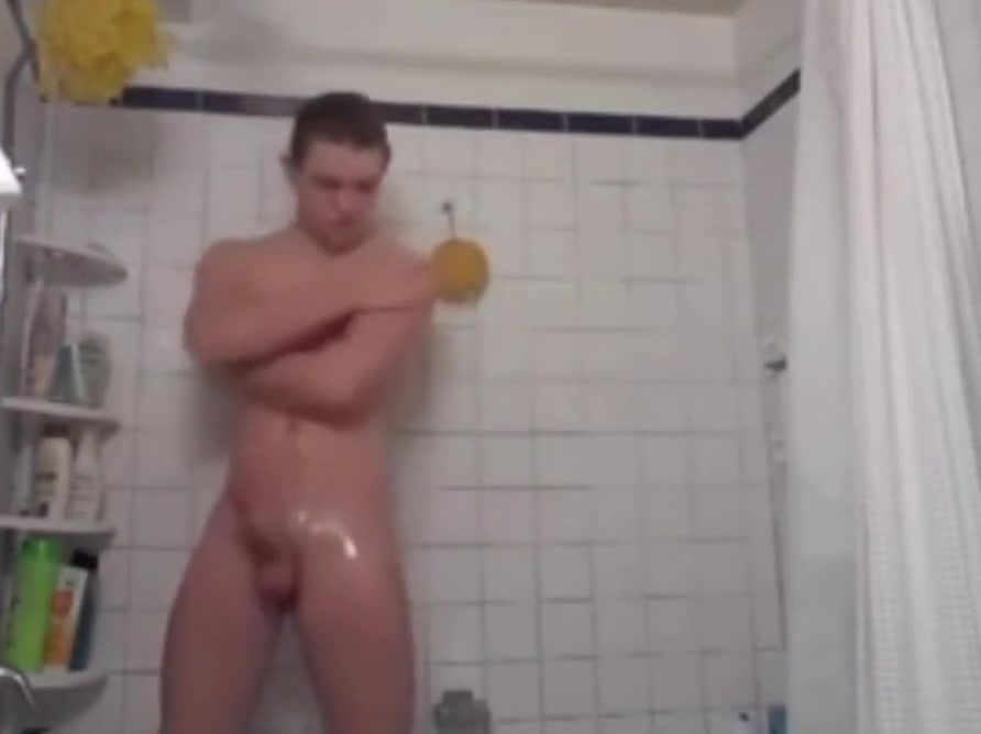 Hairless with big dick showers and cums