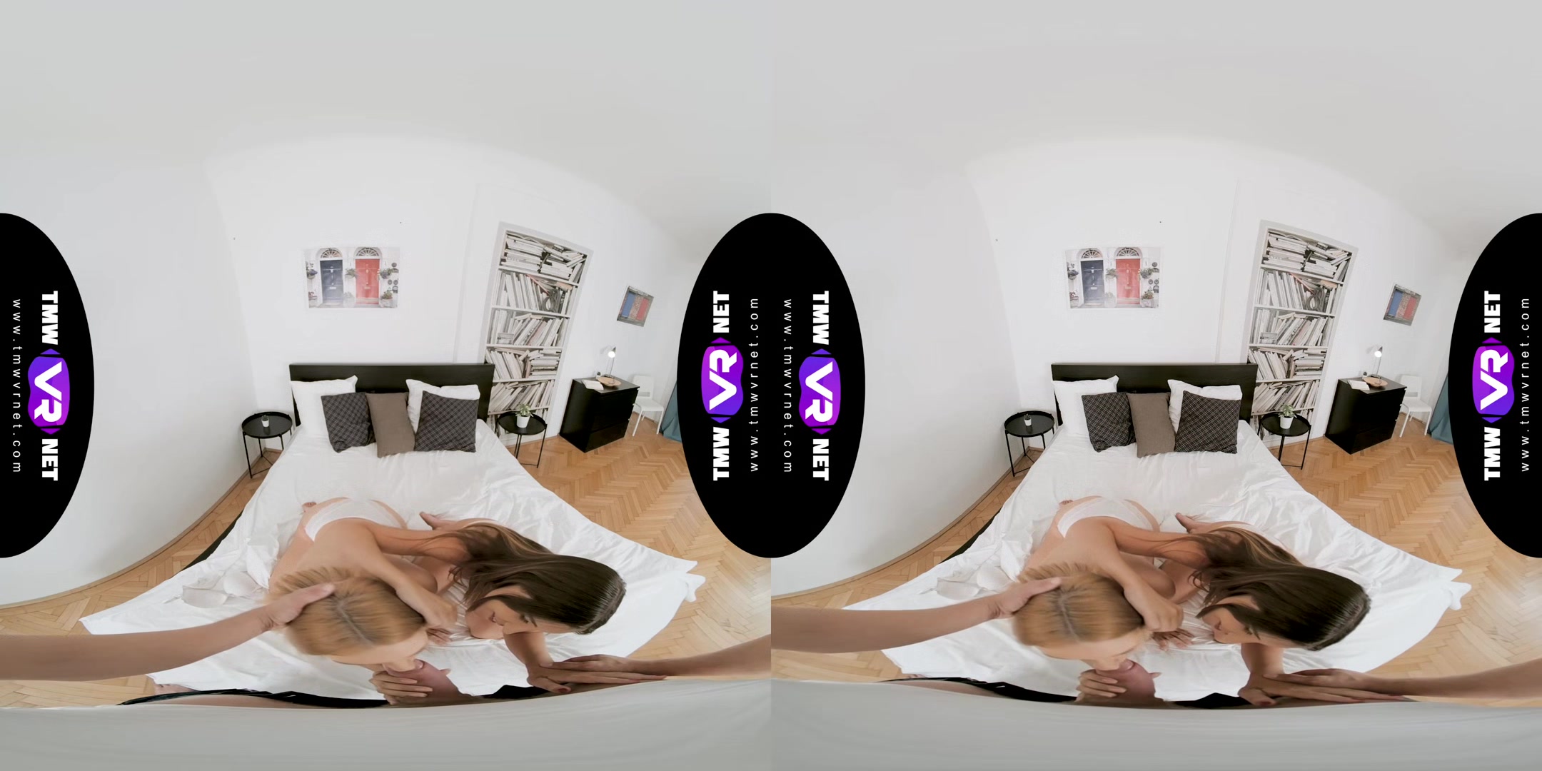 Playful trio in bed