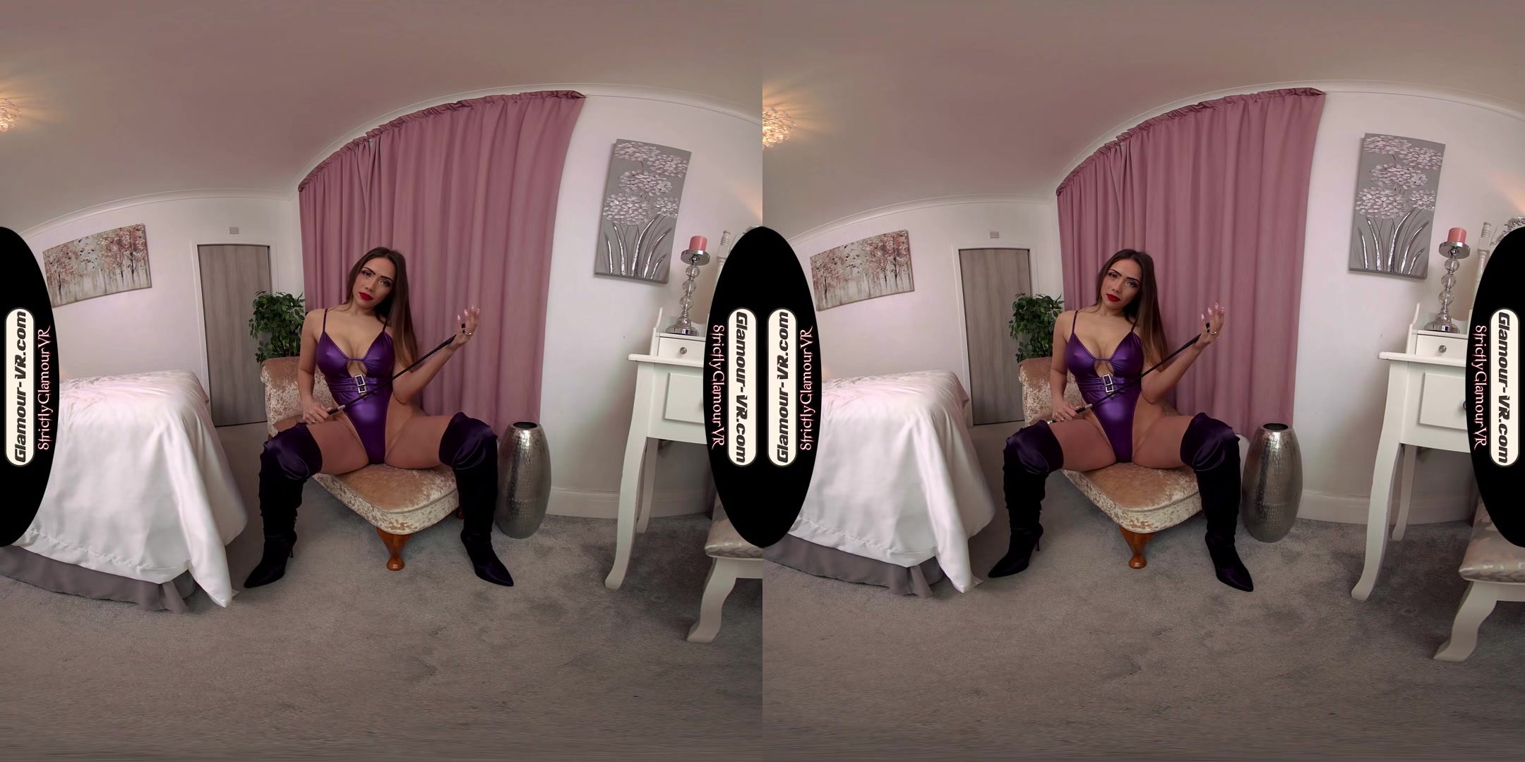 Bobbin Purple High Cut Bodysuit With Riding Crop & Boots