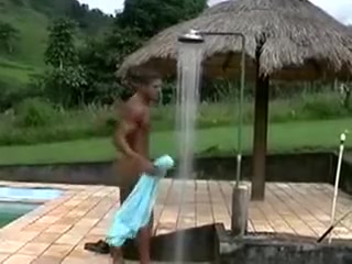 Latin Jock showers, masturbates outside
