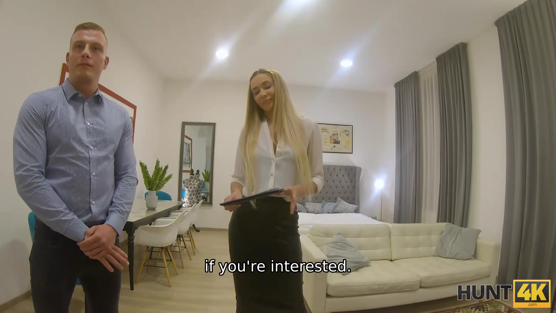 HUNT4K. Blonde in stockings and shirt is ready for sex to close deal