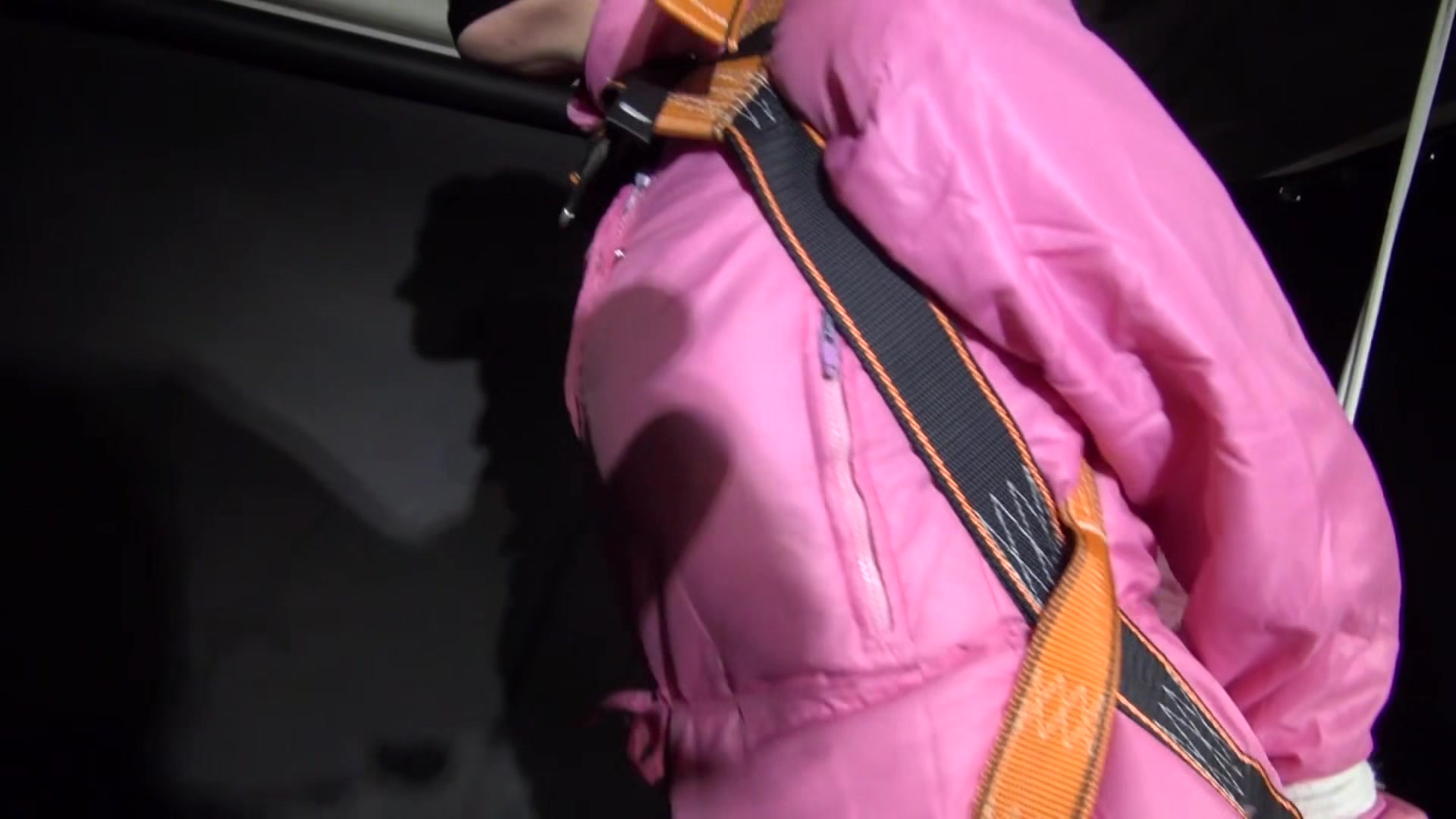 Sexy ***Sandra*** Wearing A Hot Pink Oldschool Downbib And A Down Jacket Being Tied And Gagged With Ropes And A Clothgag Hanging On The Ceiling (Video)
