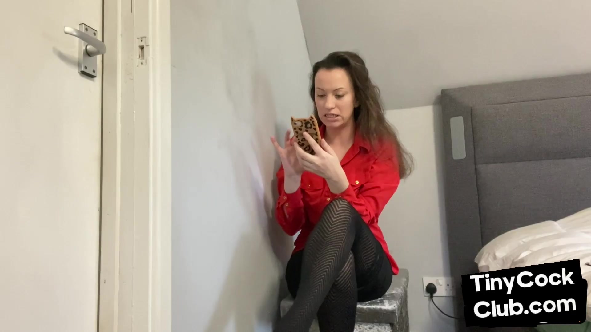 SPH domina in leather skirt talks bad to small dick losers