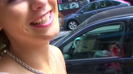 Public oral pleasure from golden-haired in red costume